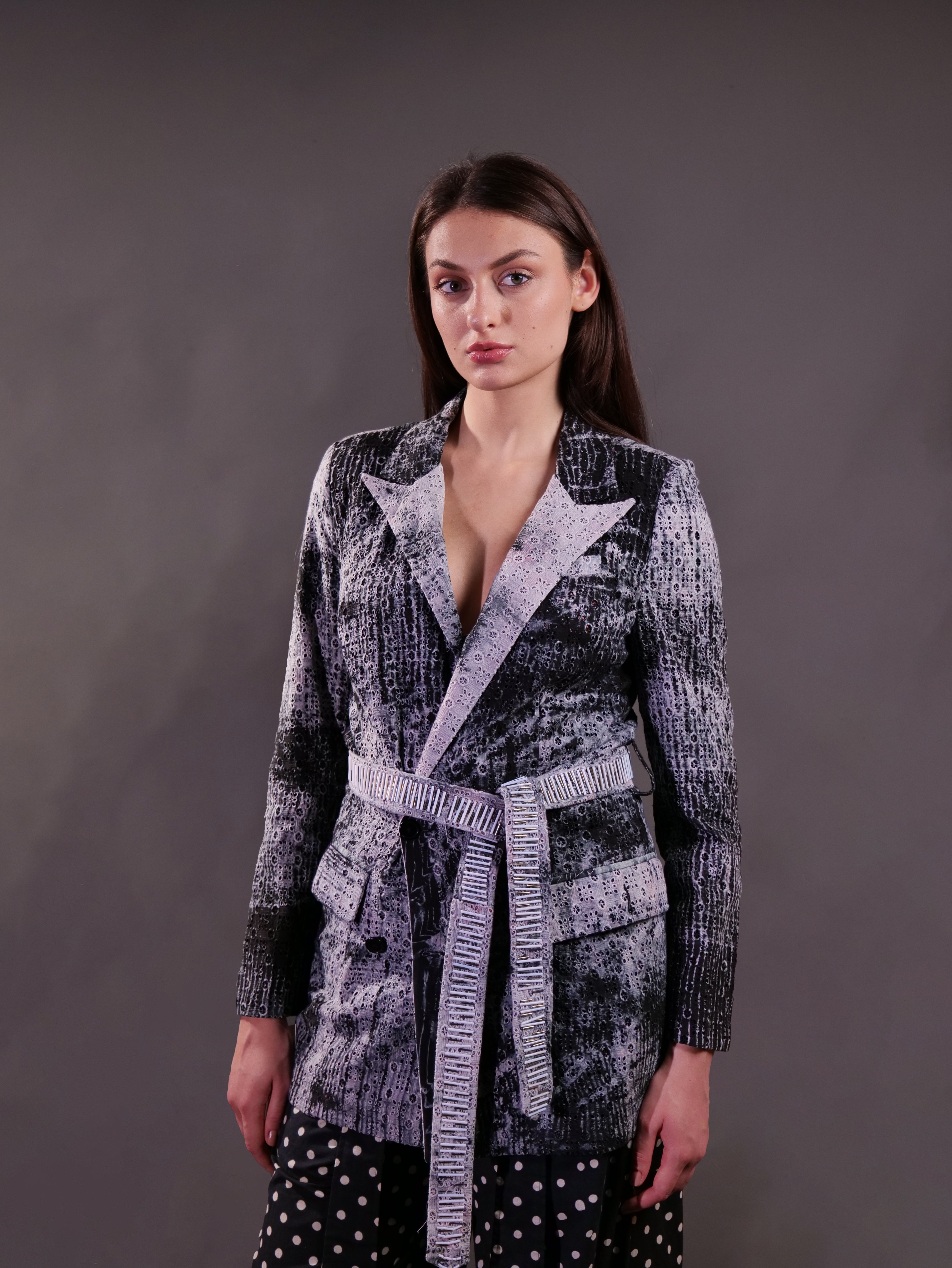 Schiffli cotton Shibori Shacket with hand embroidery highlight waist belt and block printed polka trousers