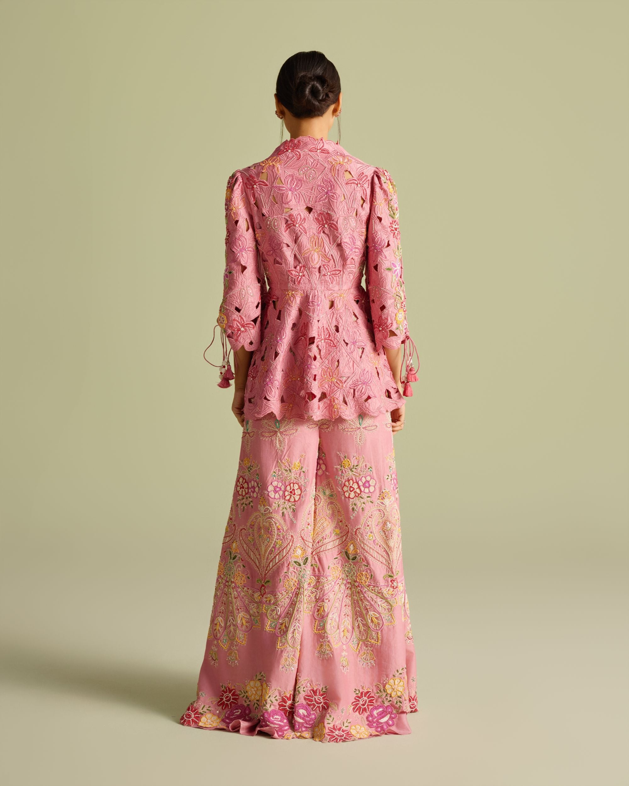 Pink Contrast Cordwork And Beadwork Sharara Pants