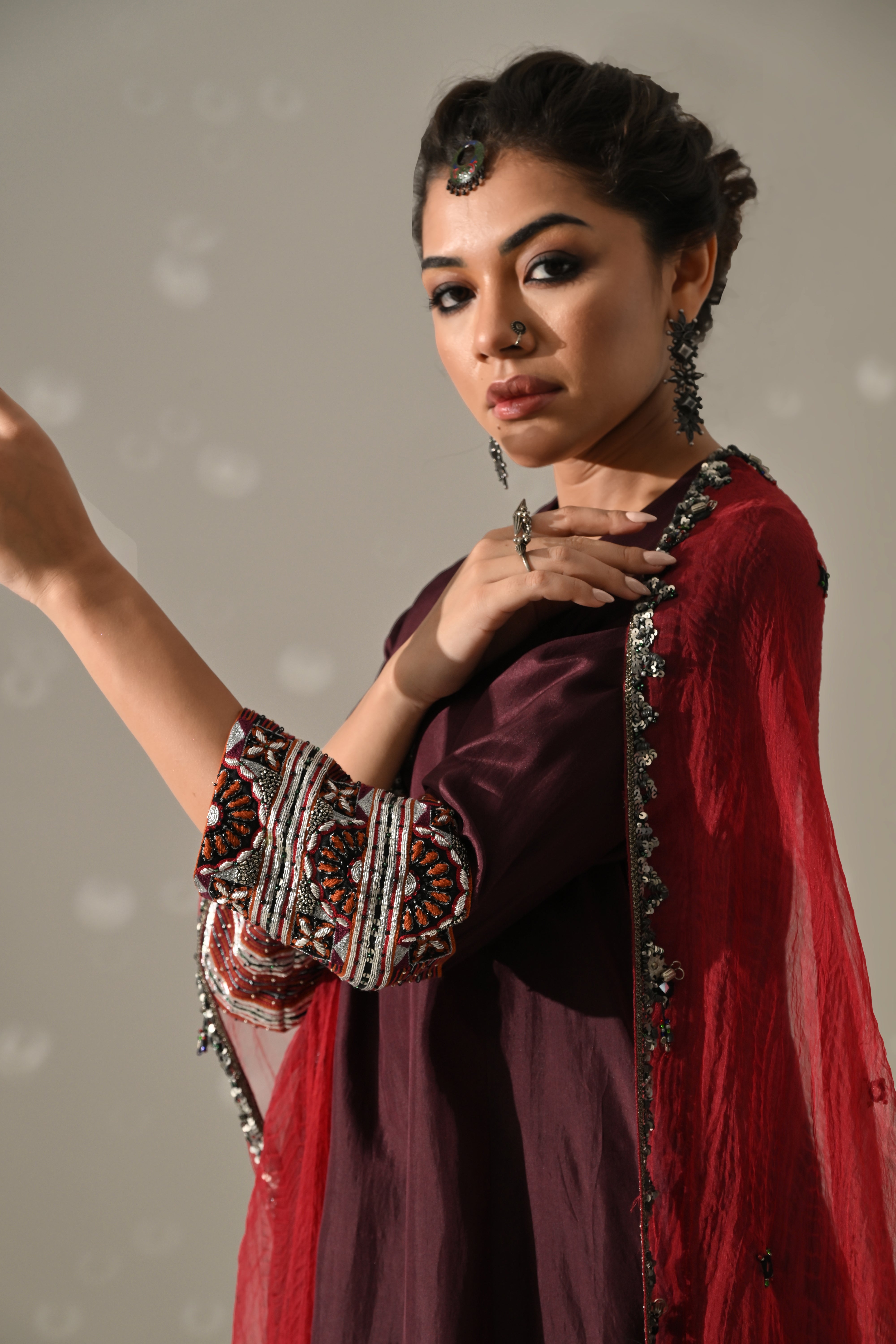 Deep Plum Orange Hand Embroidered Kurta Set