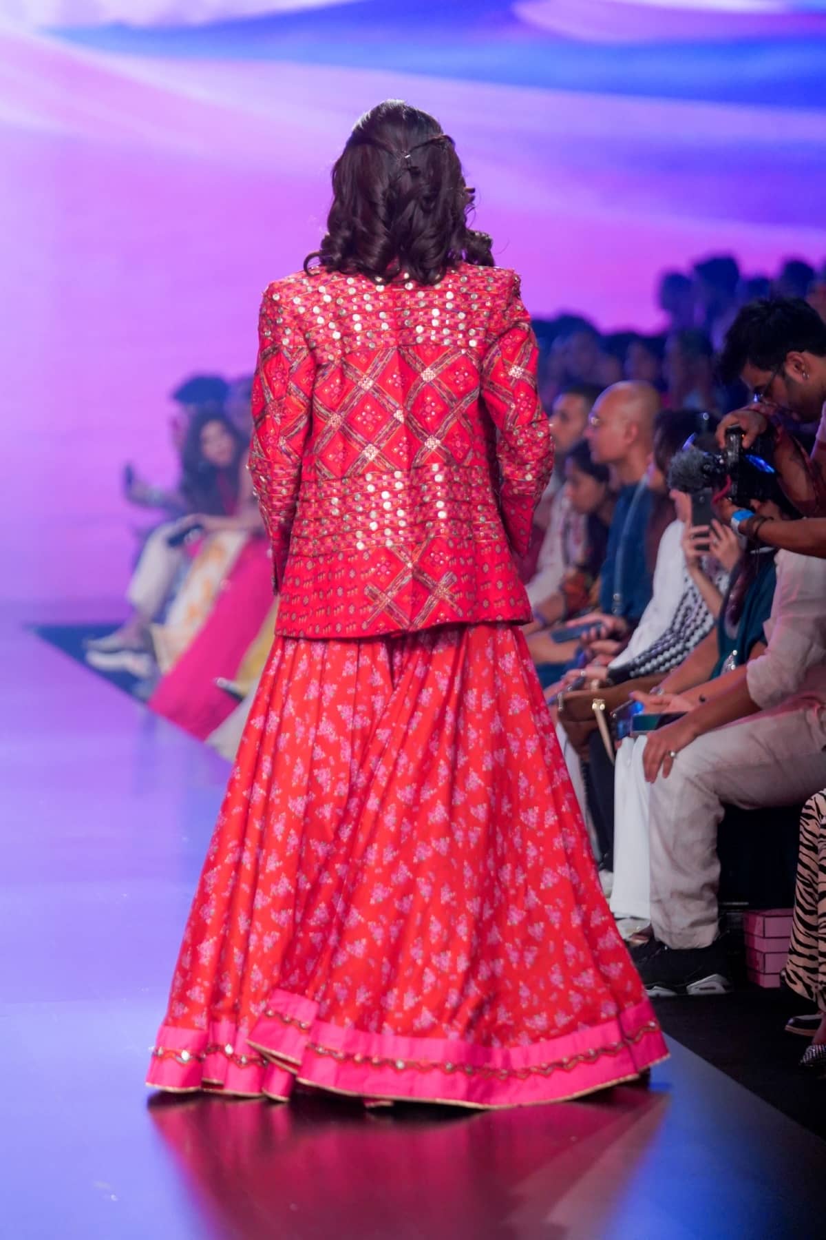 Surkh Laal Patchwork Jacket Paired With Floral Printed Skirt & Blouse