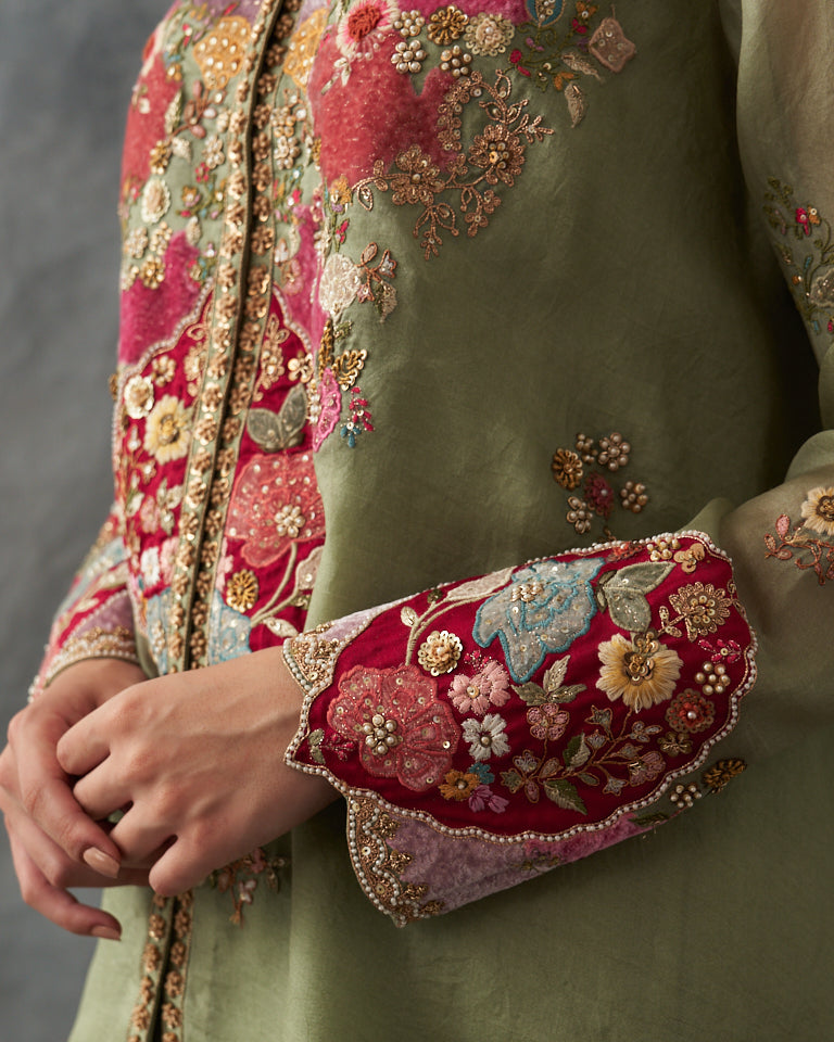 Velvet patchwork Asymetrical kurta with Dhoti pants.