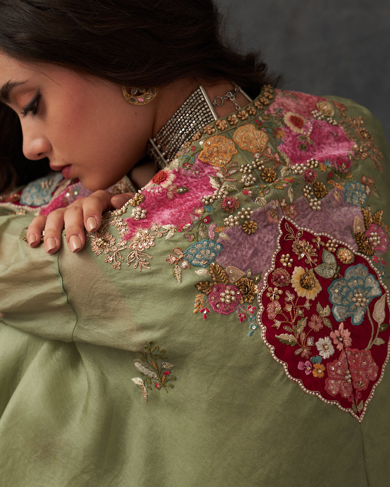 Velvet patchwork Asymetrical kurta with Dhoti pants.