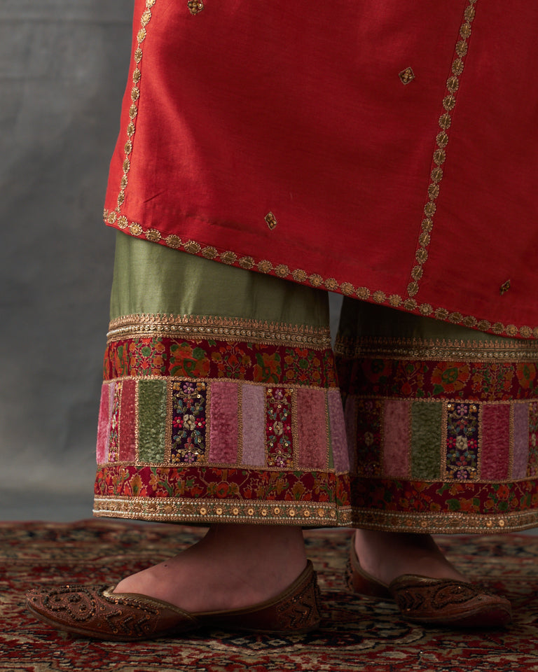 Velvet patchwork pakistani kurta set with heavy bottom & dupatta.