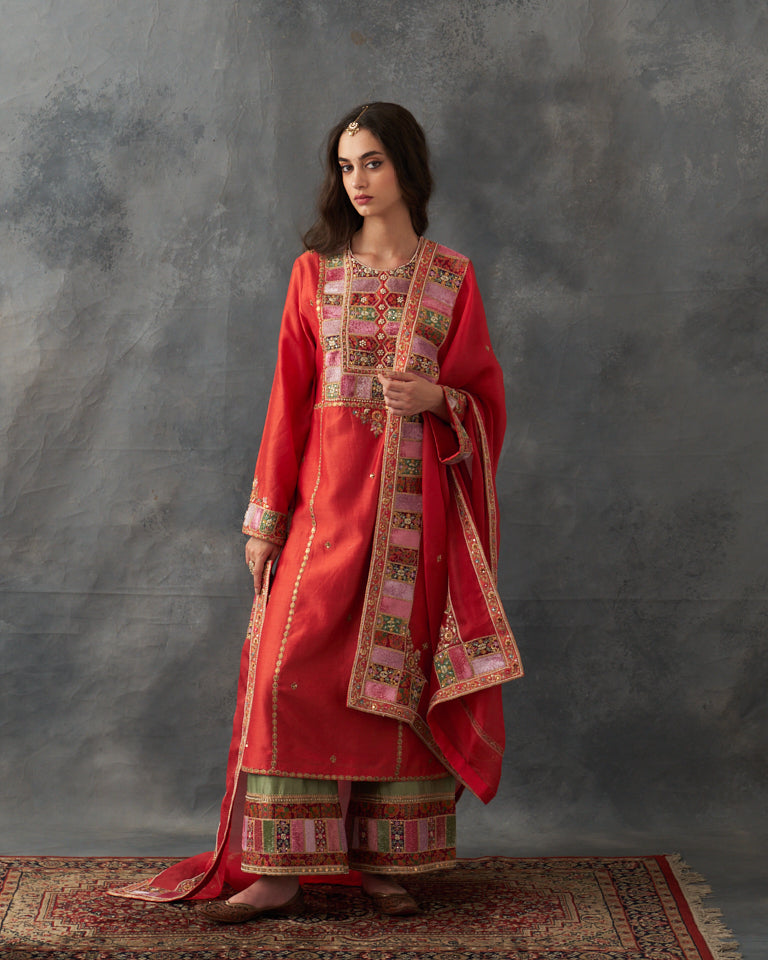 Velvet patchwork pakistani kurta set with heavy bottom & dupatta.