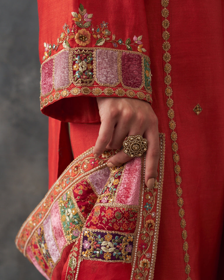 Velvet patchwork pakistani kurta set with heavy bottom & dupatta.