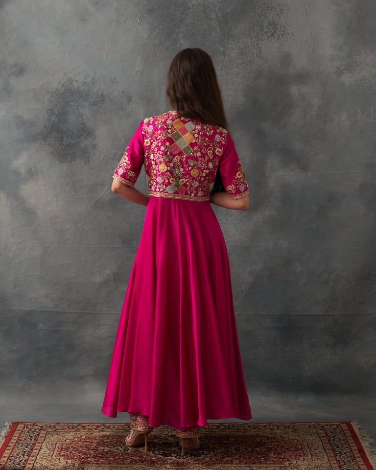 Velvet patchwork Asymetrical kurta kalidar with bottom.
