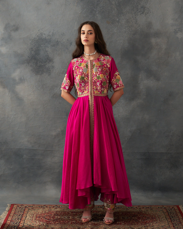 Velvet patchwork Asymetrical kurta kalidar with bottom.