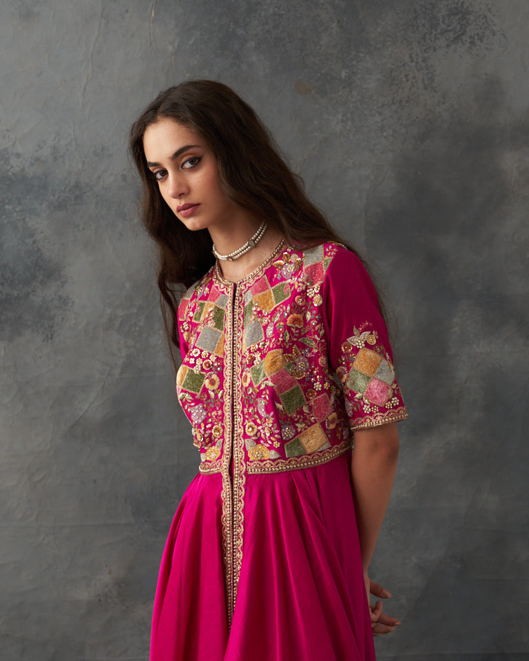 Velvet patchwork Asymetrical kurta kalidar with bottom.