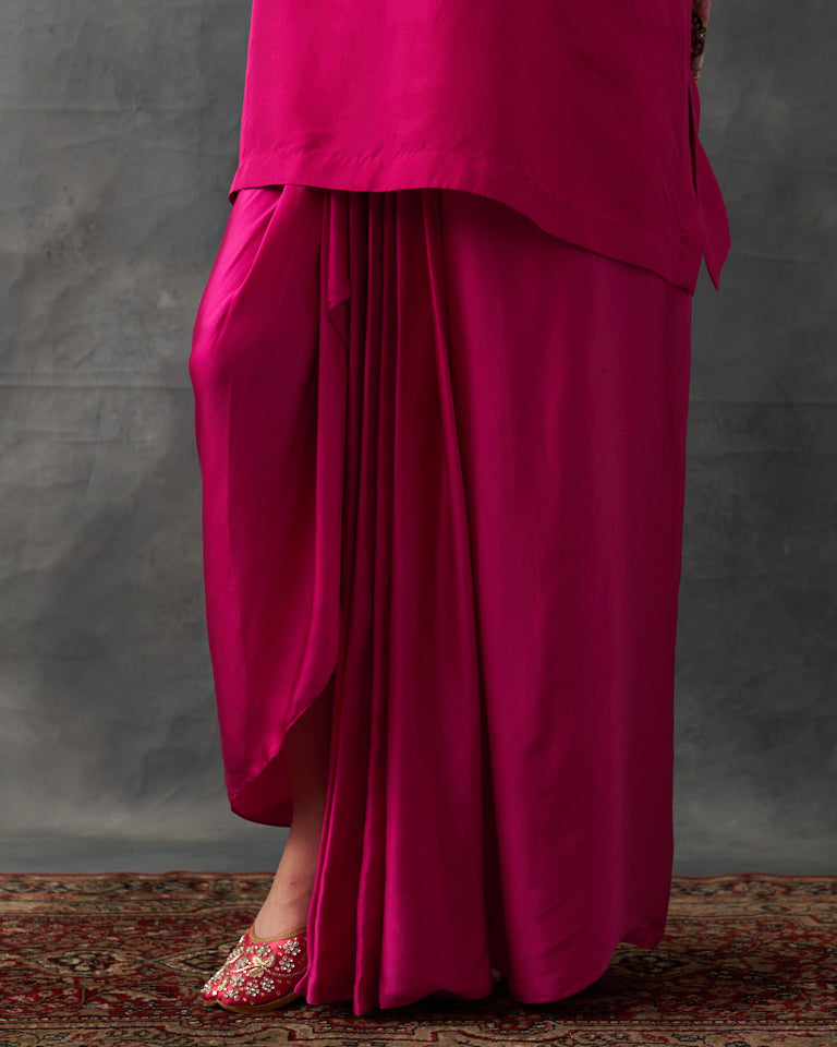 Velvet patchwork Festive Pret short kurti with draped skirt.