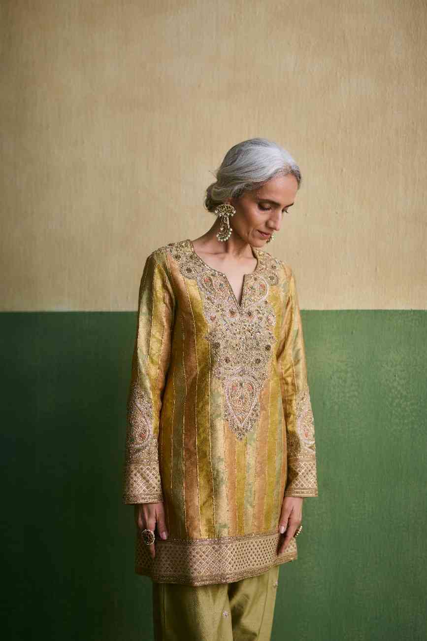 Zari Striped Kurta Set in Olive Gold