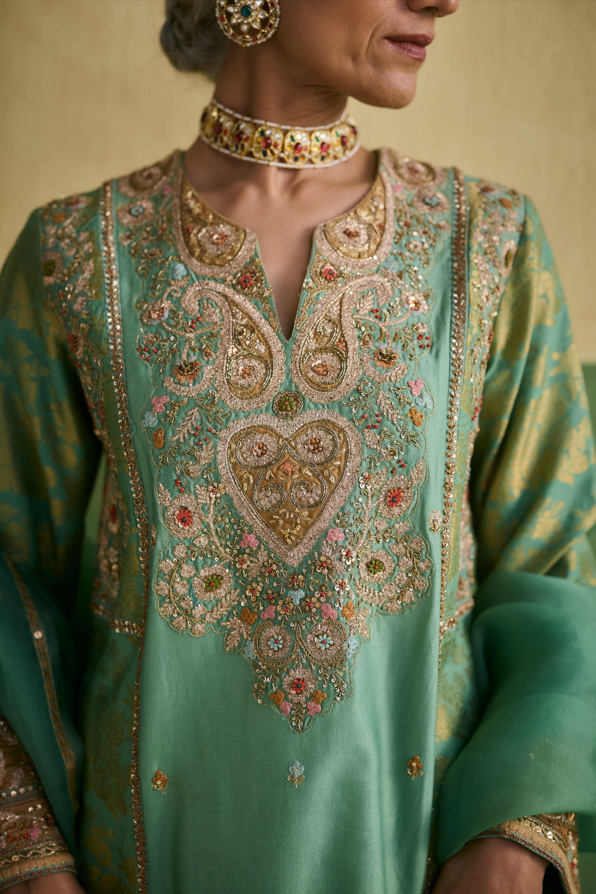 Cyan Chanderi Brocade Organza Seti Brocade Set