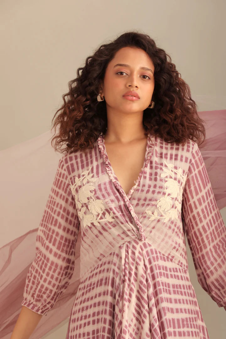 Lavender Cotton Silk Printed & Embroidered Wrap Dress
