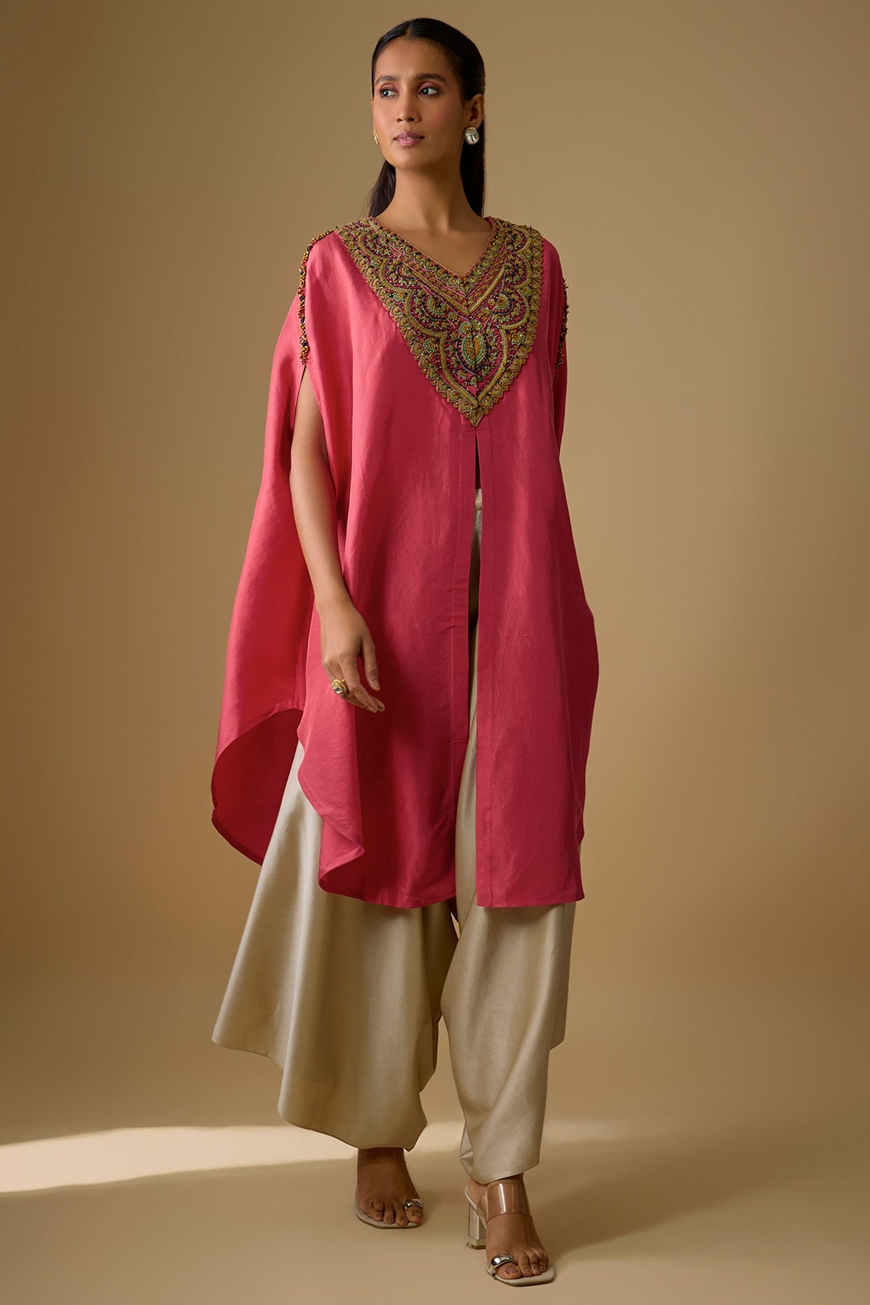 Deep Coral Silk Thread Work Kaftan Set by Prisho