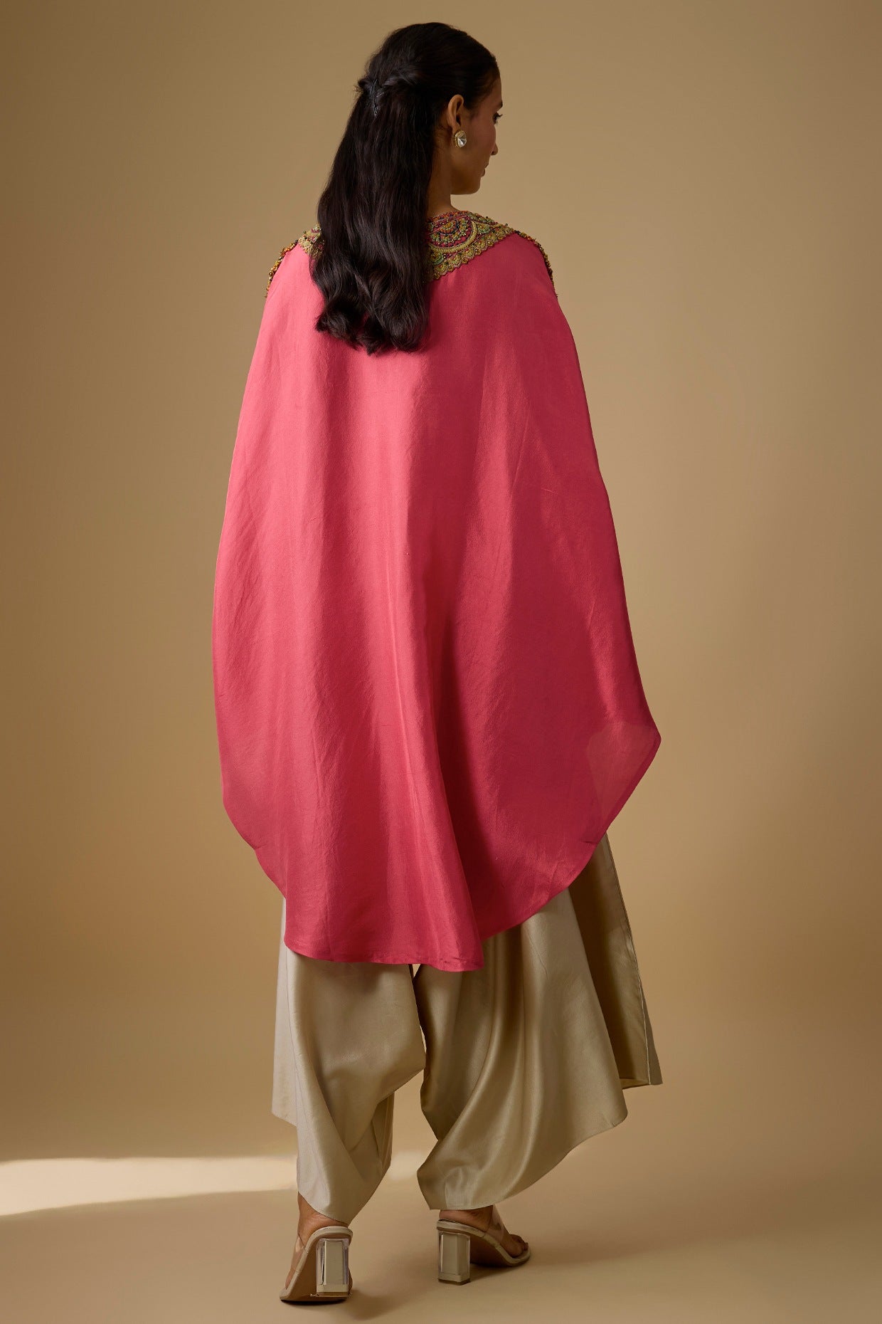 Deep Coral Silk Thread Work Kaftan Set by Prisho