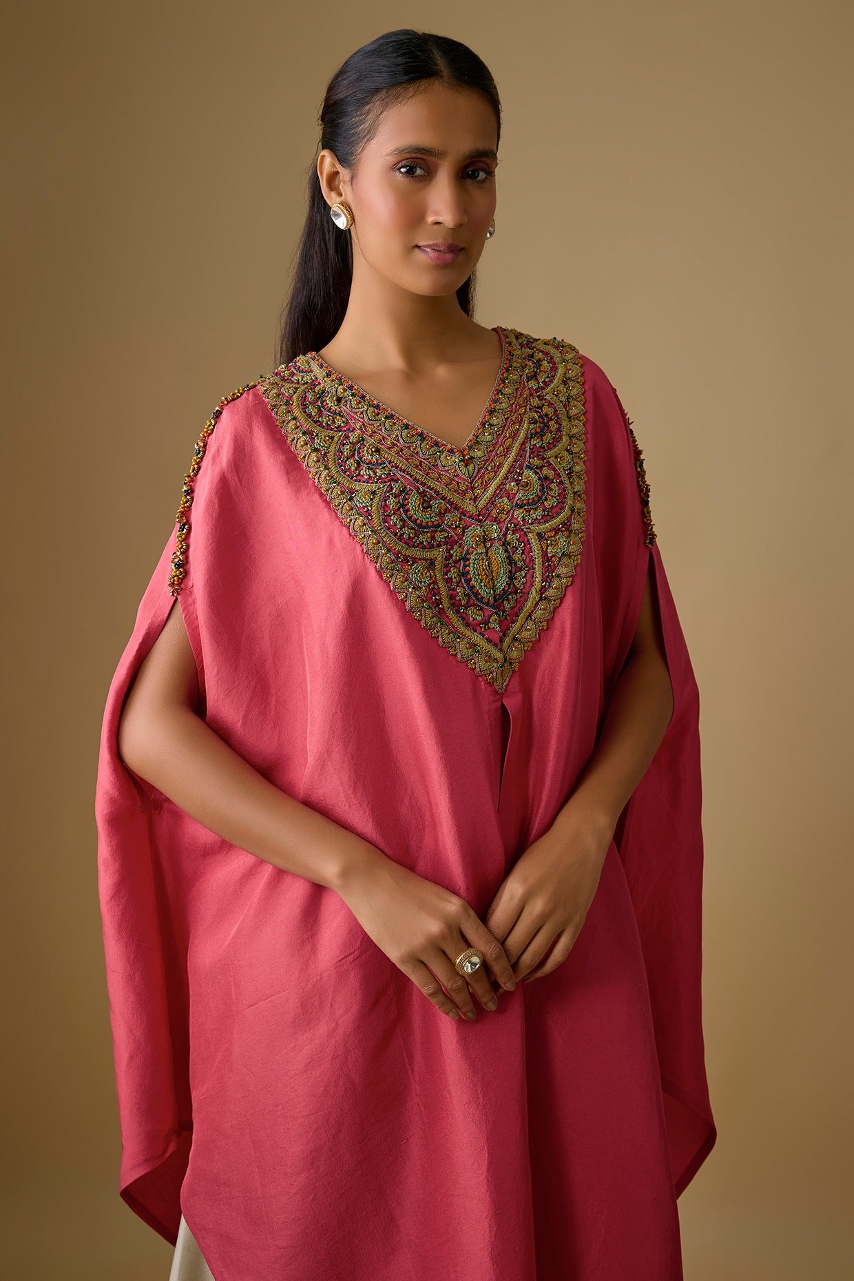 Deep Coral Silk Thread Work Kaftan Set by Prisho
