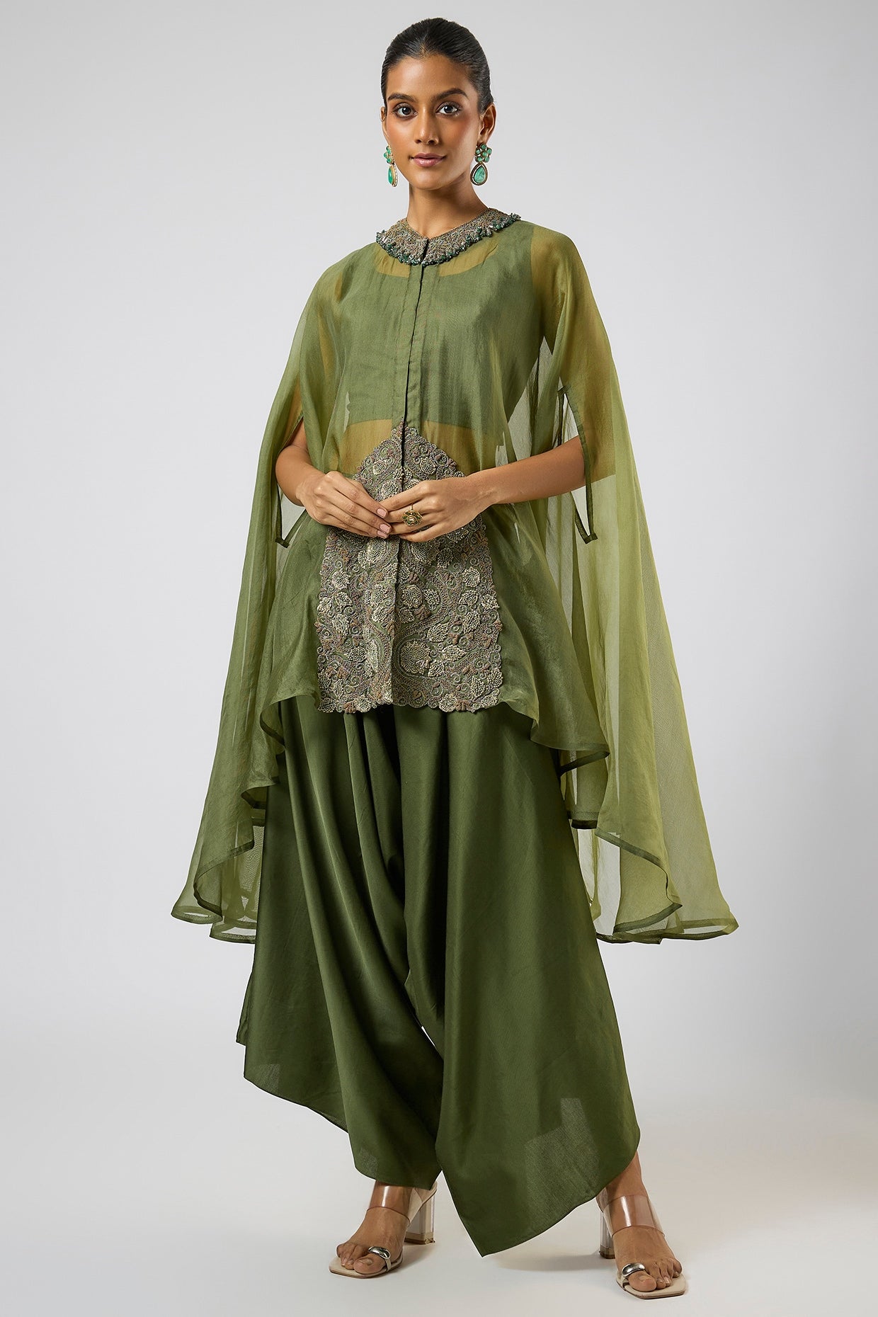Hunter Green Organza Dori Embroidered Kaftan Set