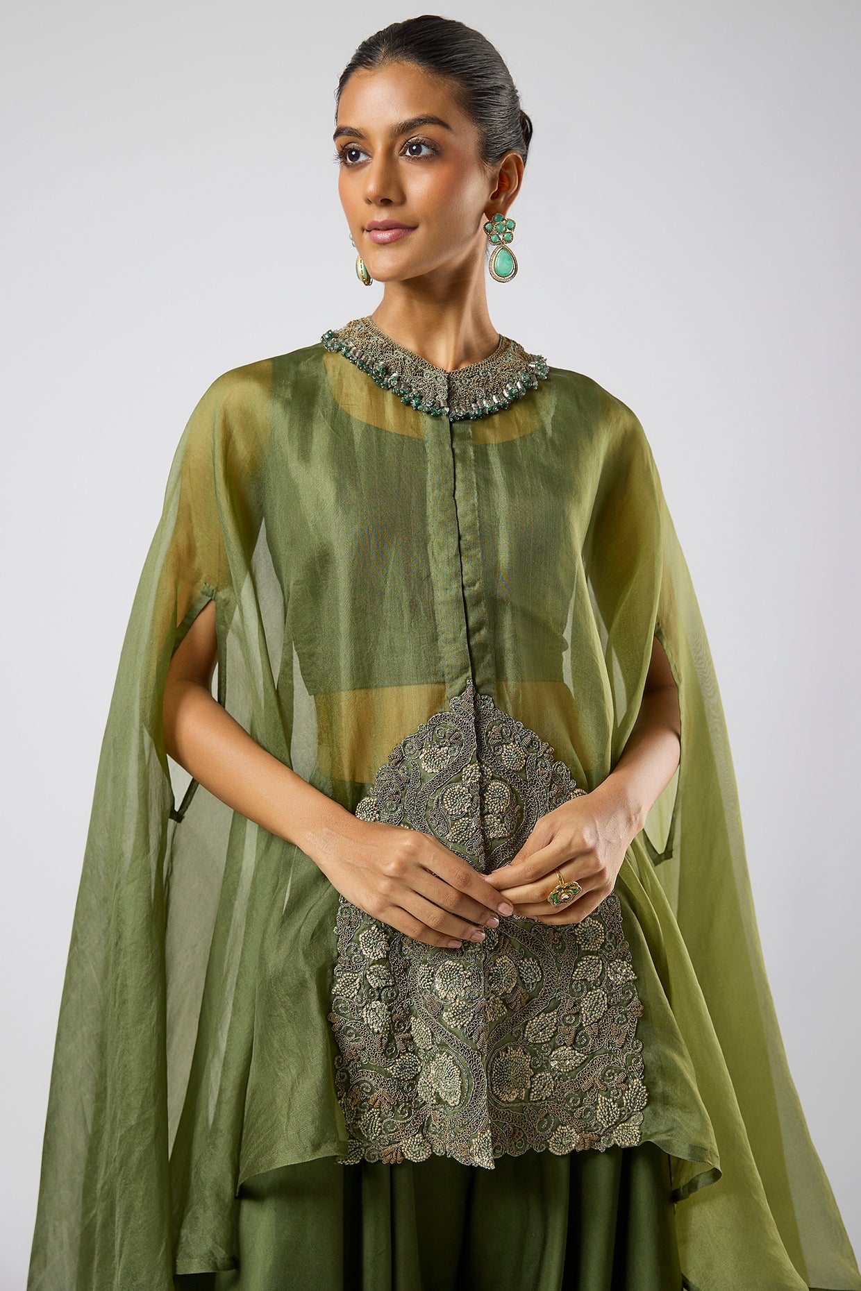 Hunter Green Organza Dori Embroidered Kaftan Set