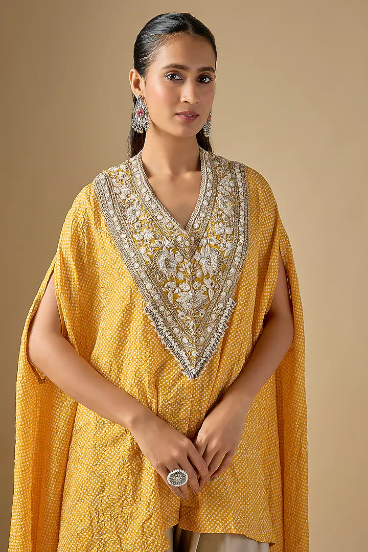 Mustard Bandhej Umbrella Kaftan Set