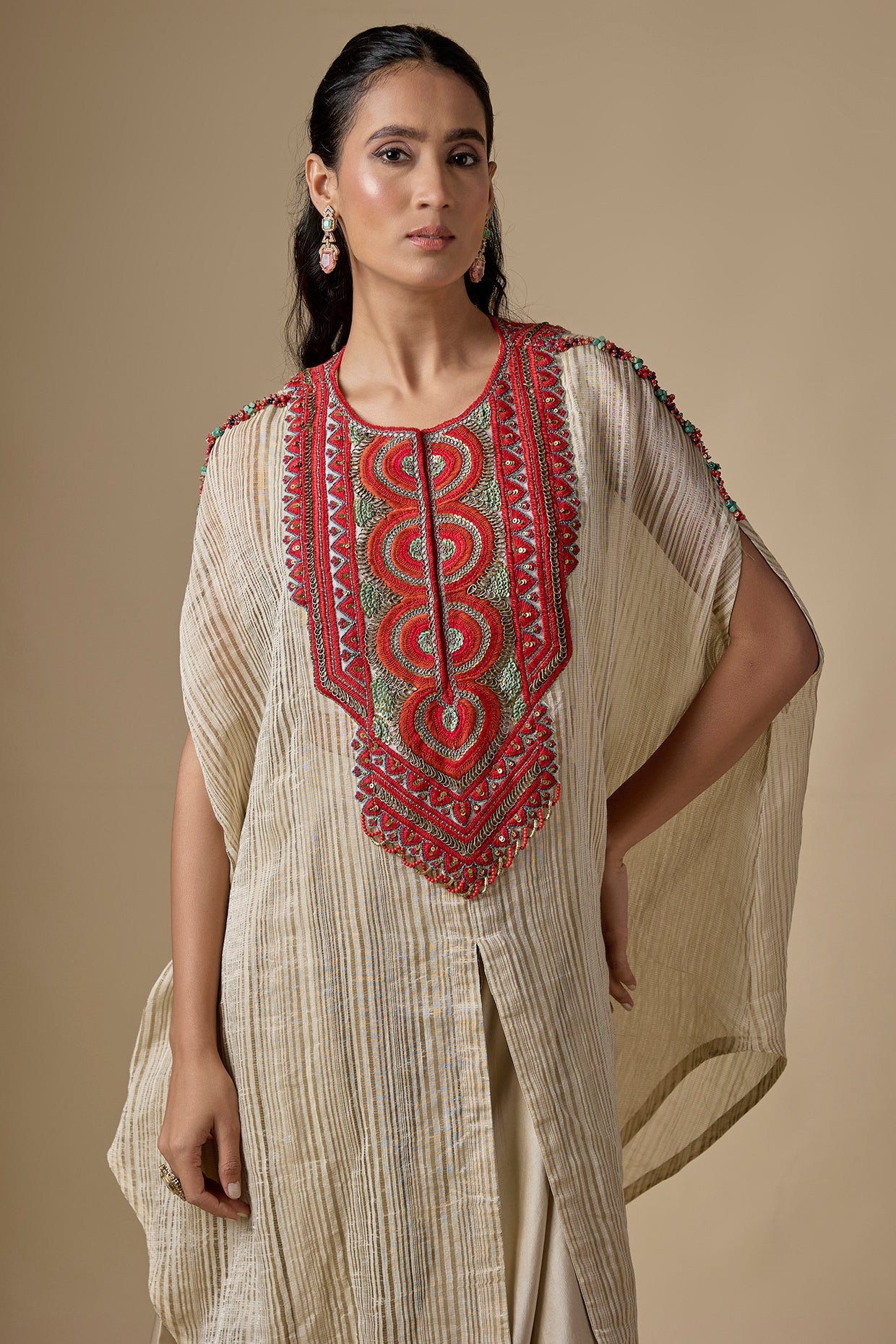 Ivory Tissue Threadwork Kaftan Set