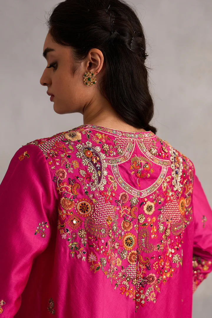 Fuchsia Pink High Low Jacket With Dhoti