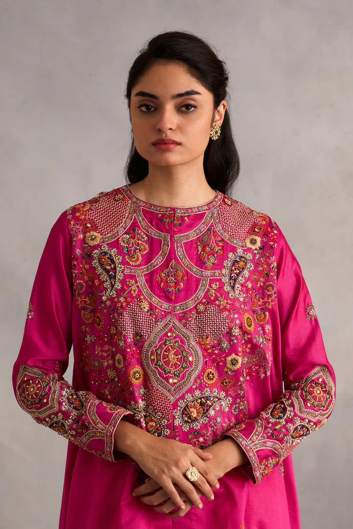 Fuchsia Pink High Low Jacket With Dhoti