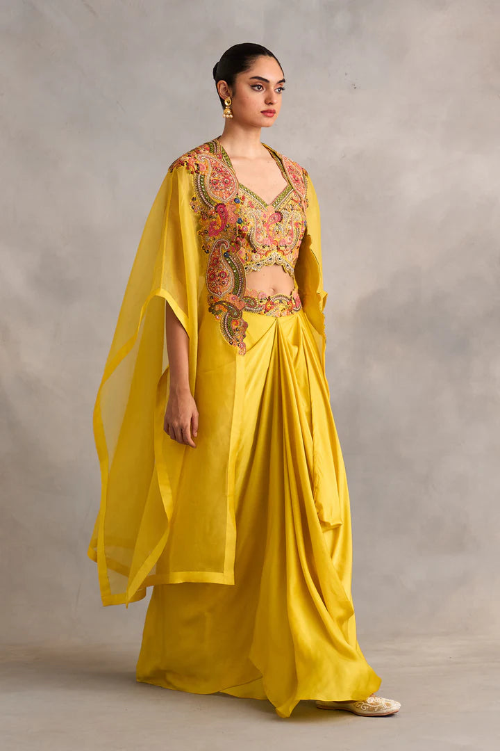 Yellow Cape With Bustier And Draped Skirt