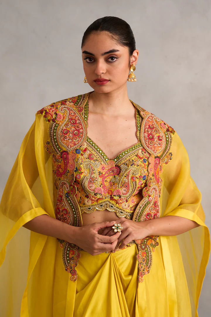 Yellow Cape With Bustier And Draped Skirt