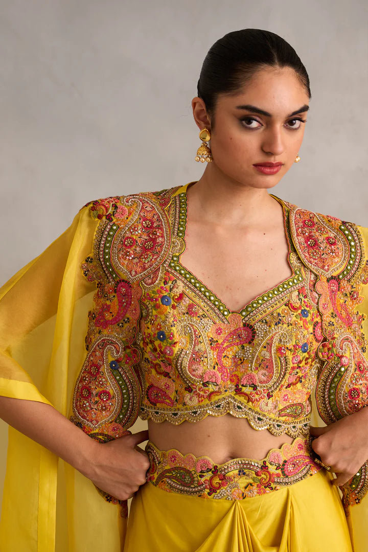 Yellow Cape With Bustier And Draped Skirt