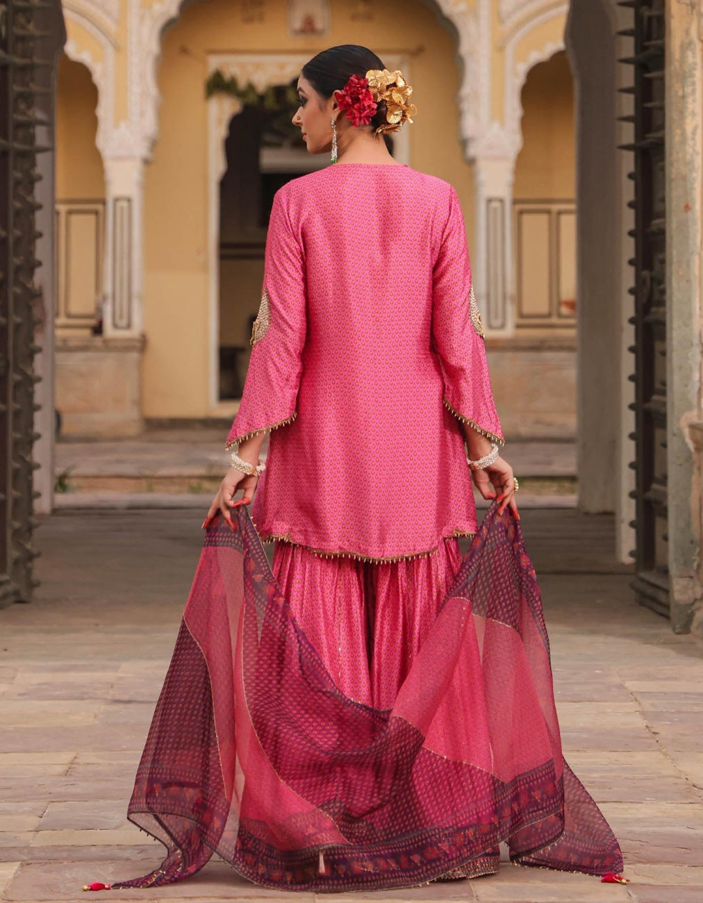 Pink Cheent Print Heavy Sharara Set