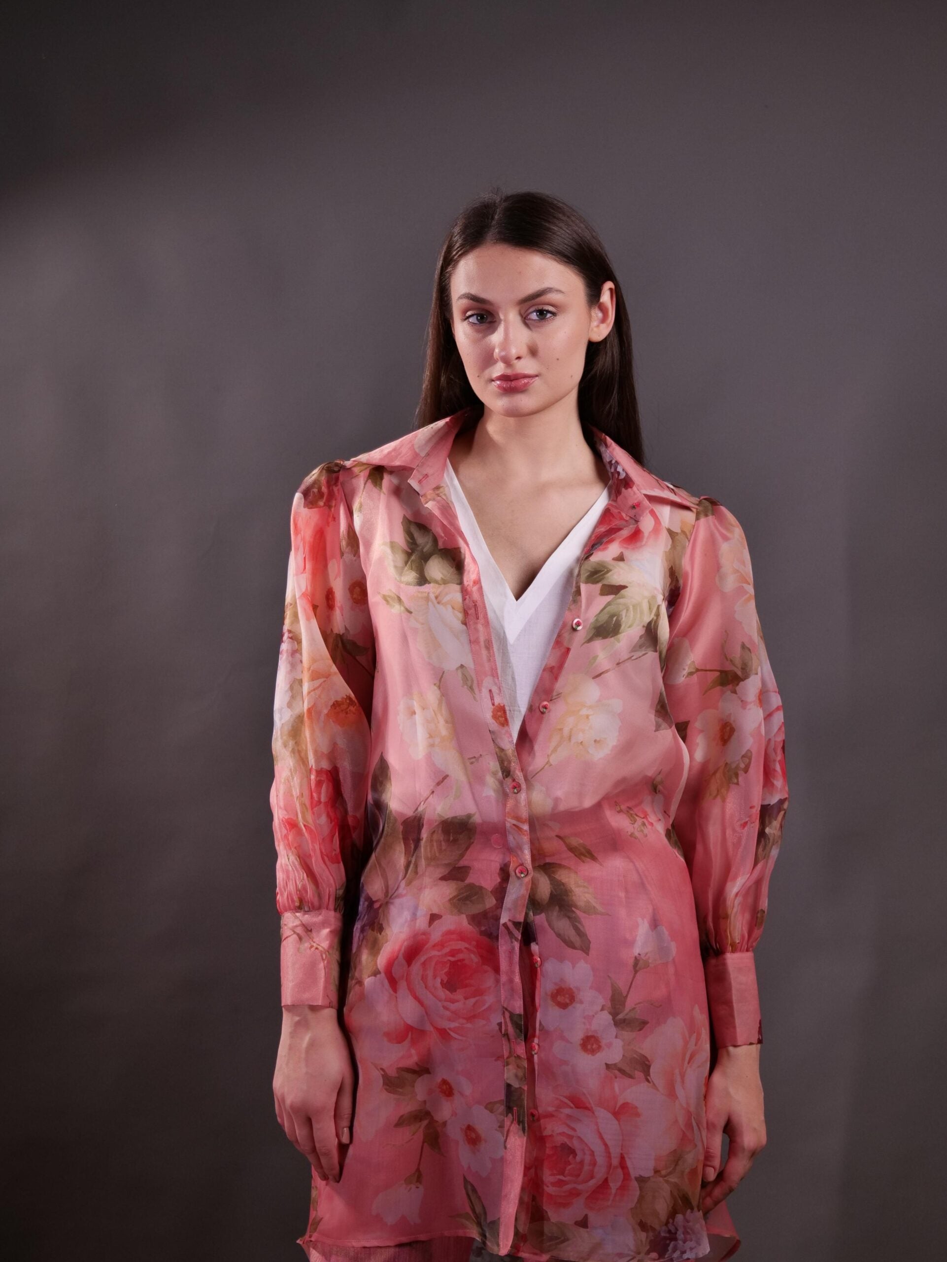 Printed Organza Overshirt layered over Solid Top and Trousers
