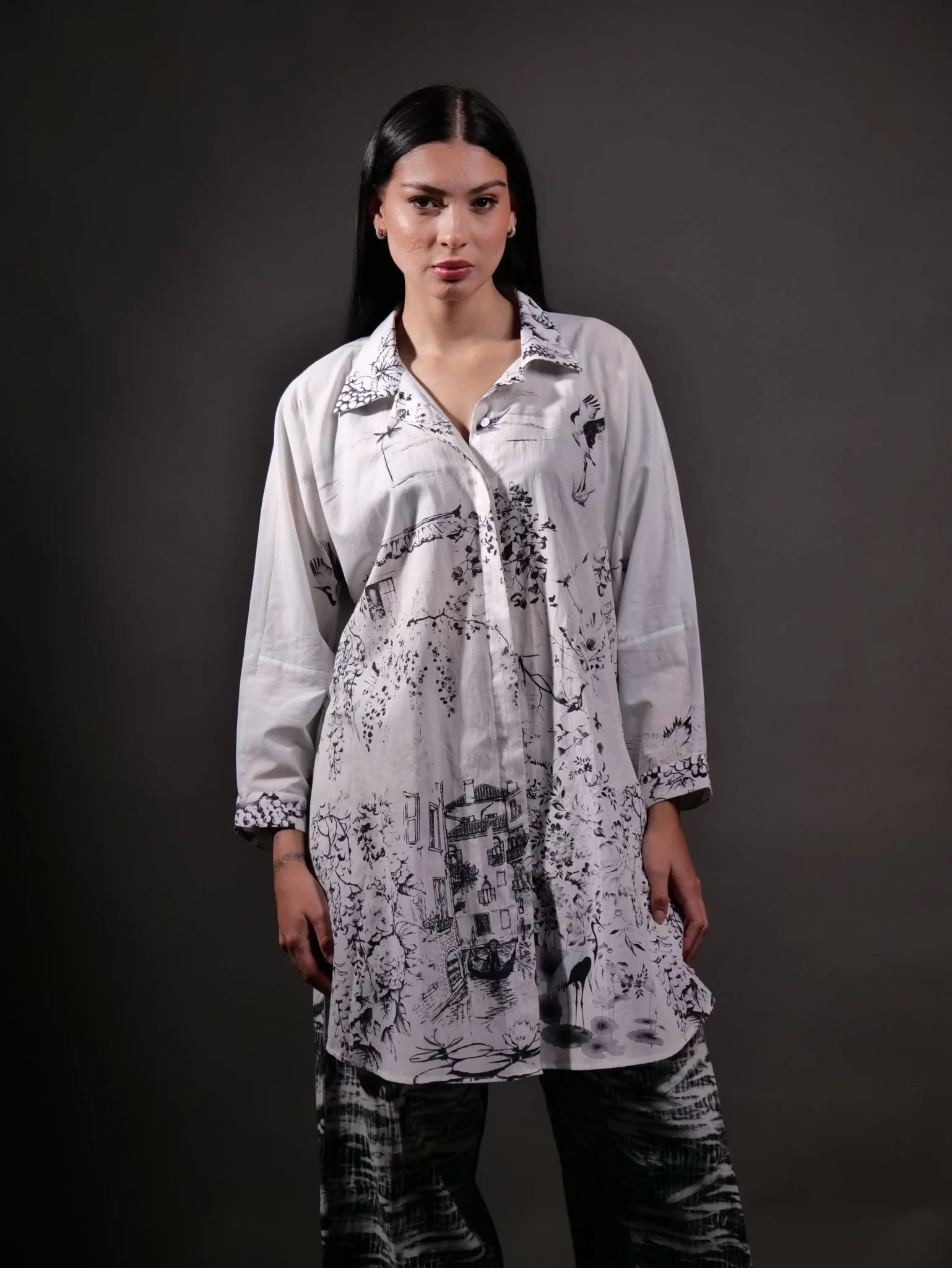 Printed 100% Organic Cotton Shirt and Shades Of Dark Grey and Black Shibori Tie and Dye Detail Trouser