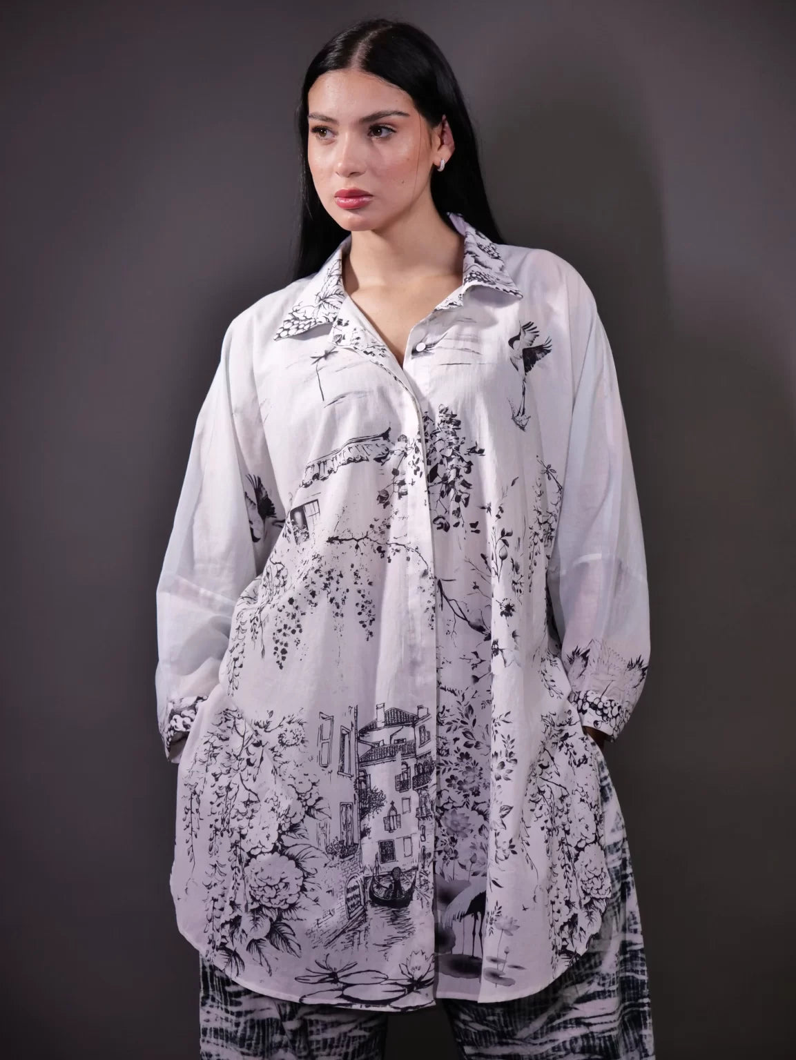 Printed 100% Organic Cotton Shirt and Shades Of Dark Grey and Black Shibori Tie and Dye Detail Trouser