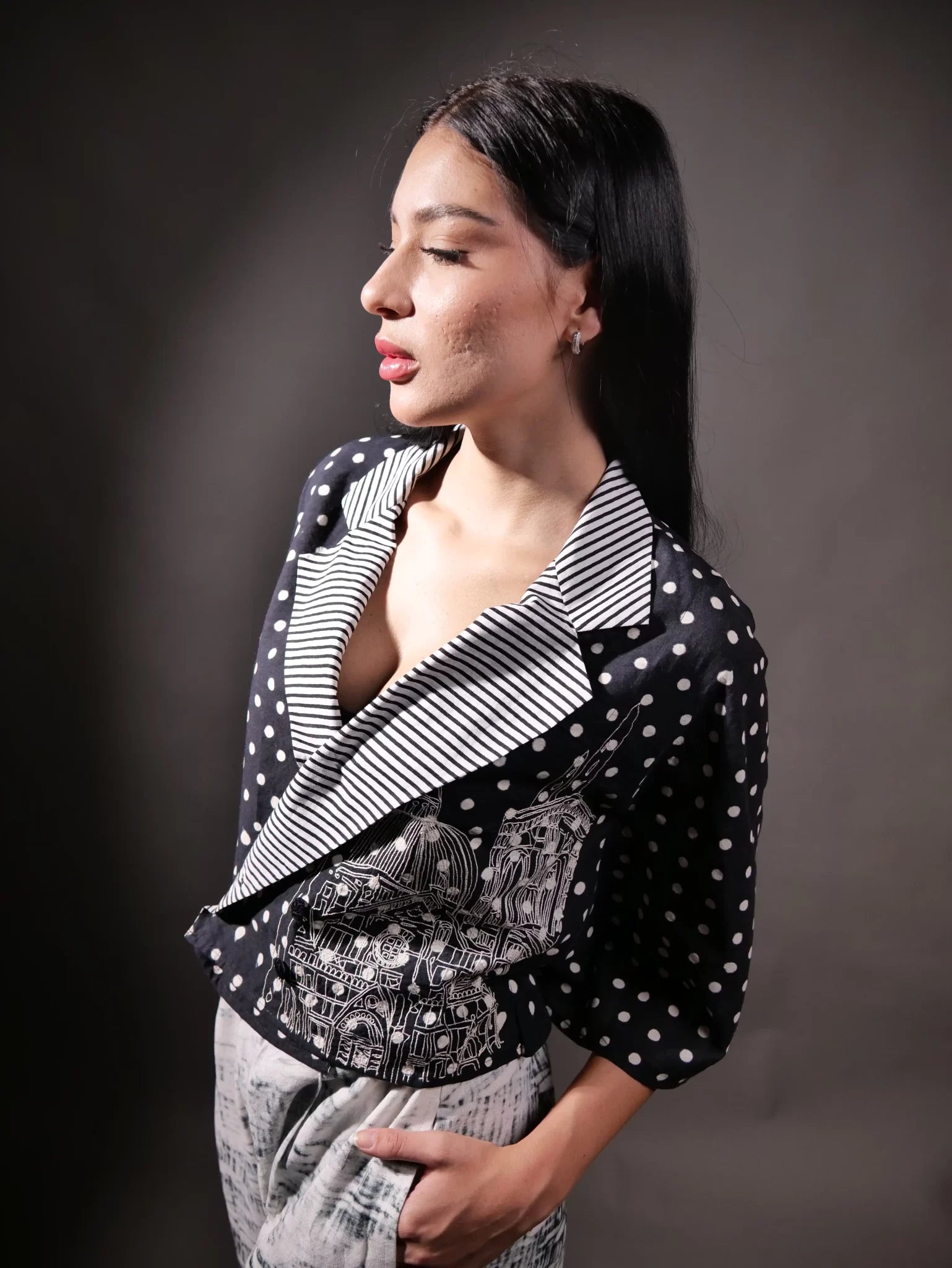 Kantha Embroidery on Block Printed Polka Shirt paired with Shibori Trousers