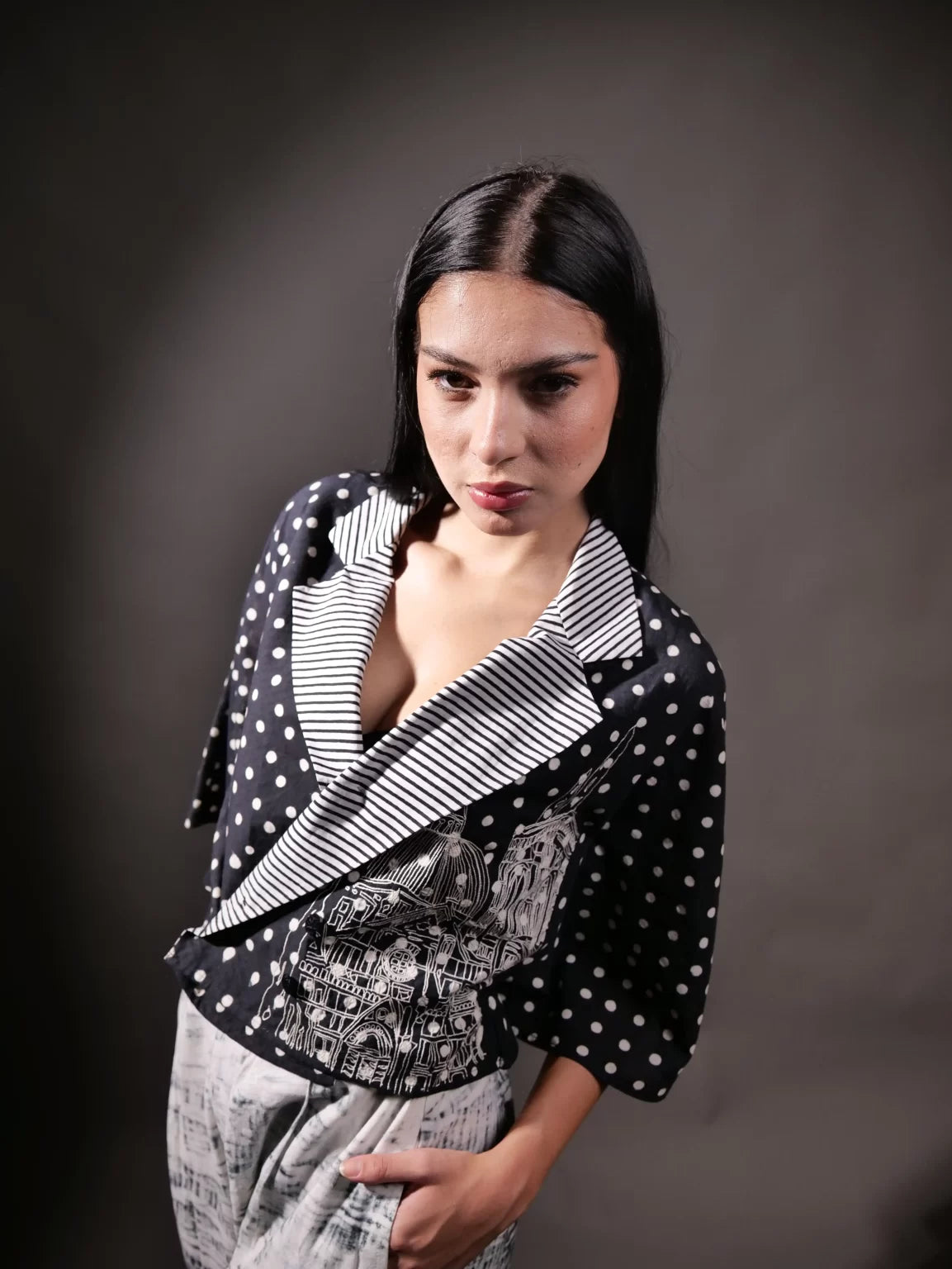 Kantha Embroidery on Block Printed Polka Shirt paired with Shibori Trousers