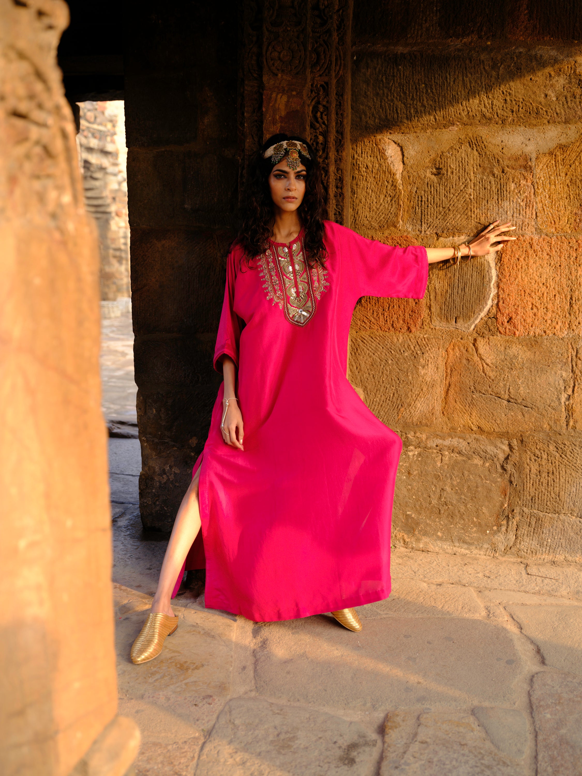 Featuring a kaftan in silk base with zardosi embroidery.