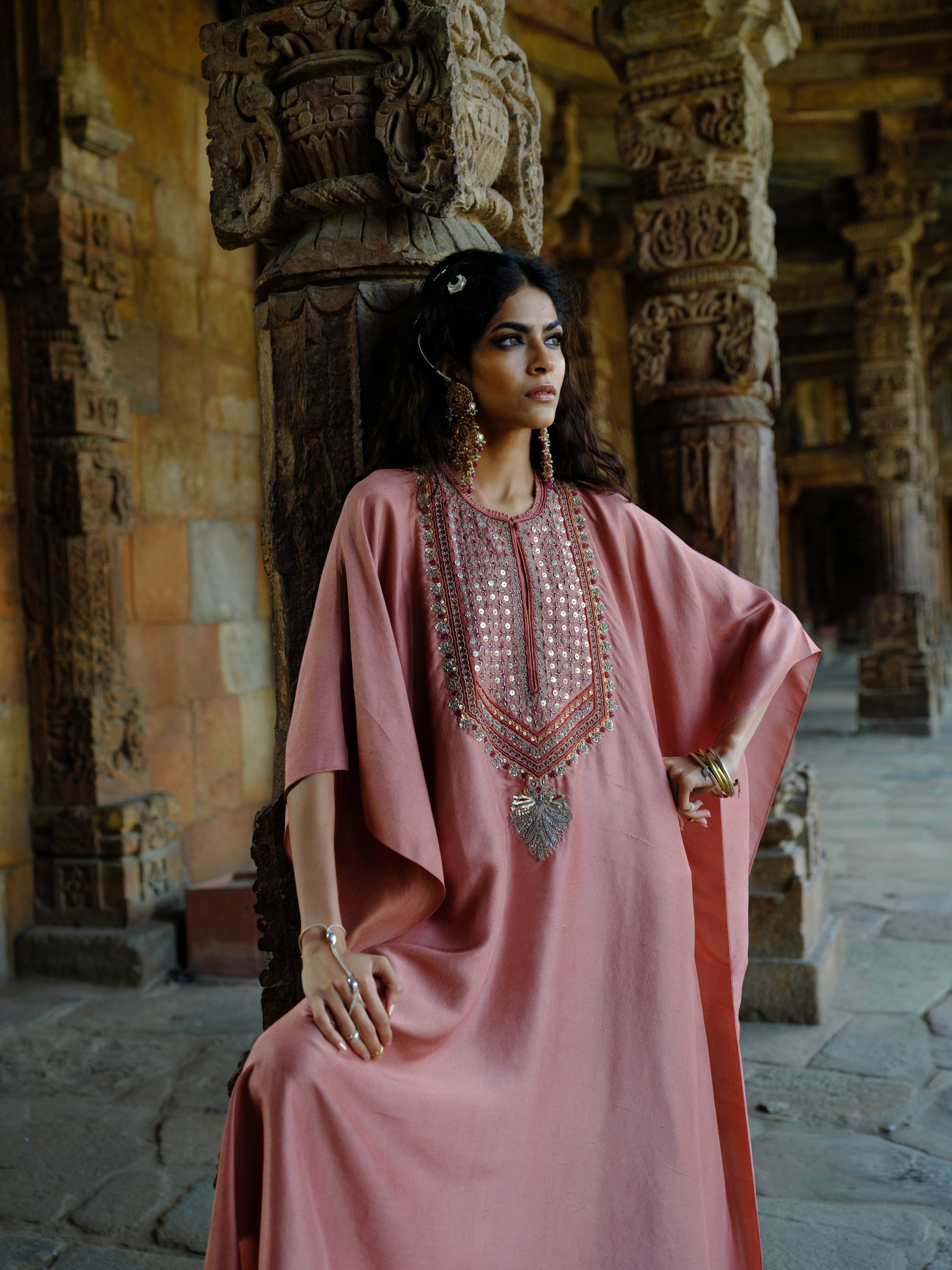 Featuring a kaftan in silk base with zardosi embroidery