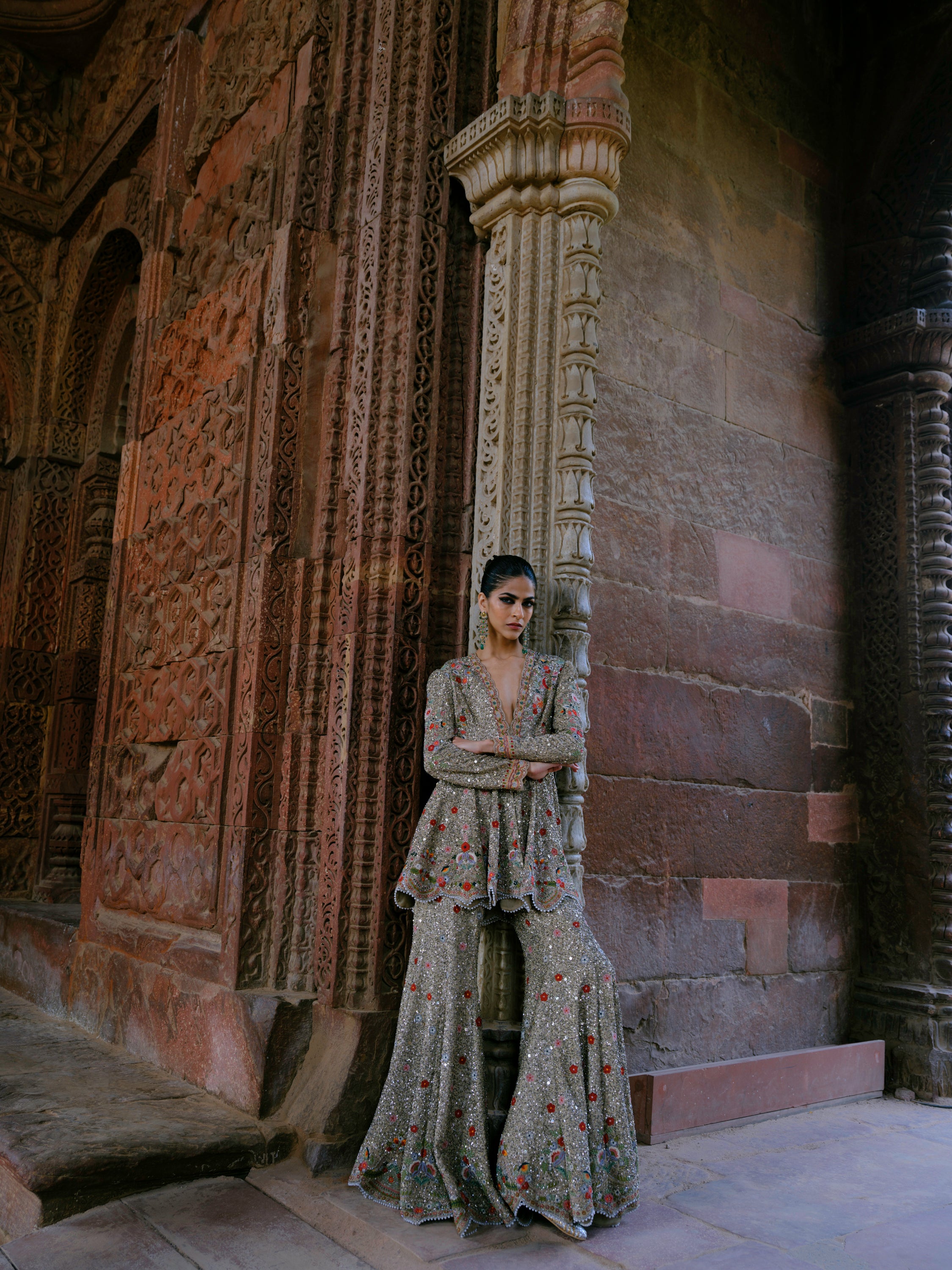 Featuring a peplum in georgette base with zardosi embroidery.
