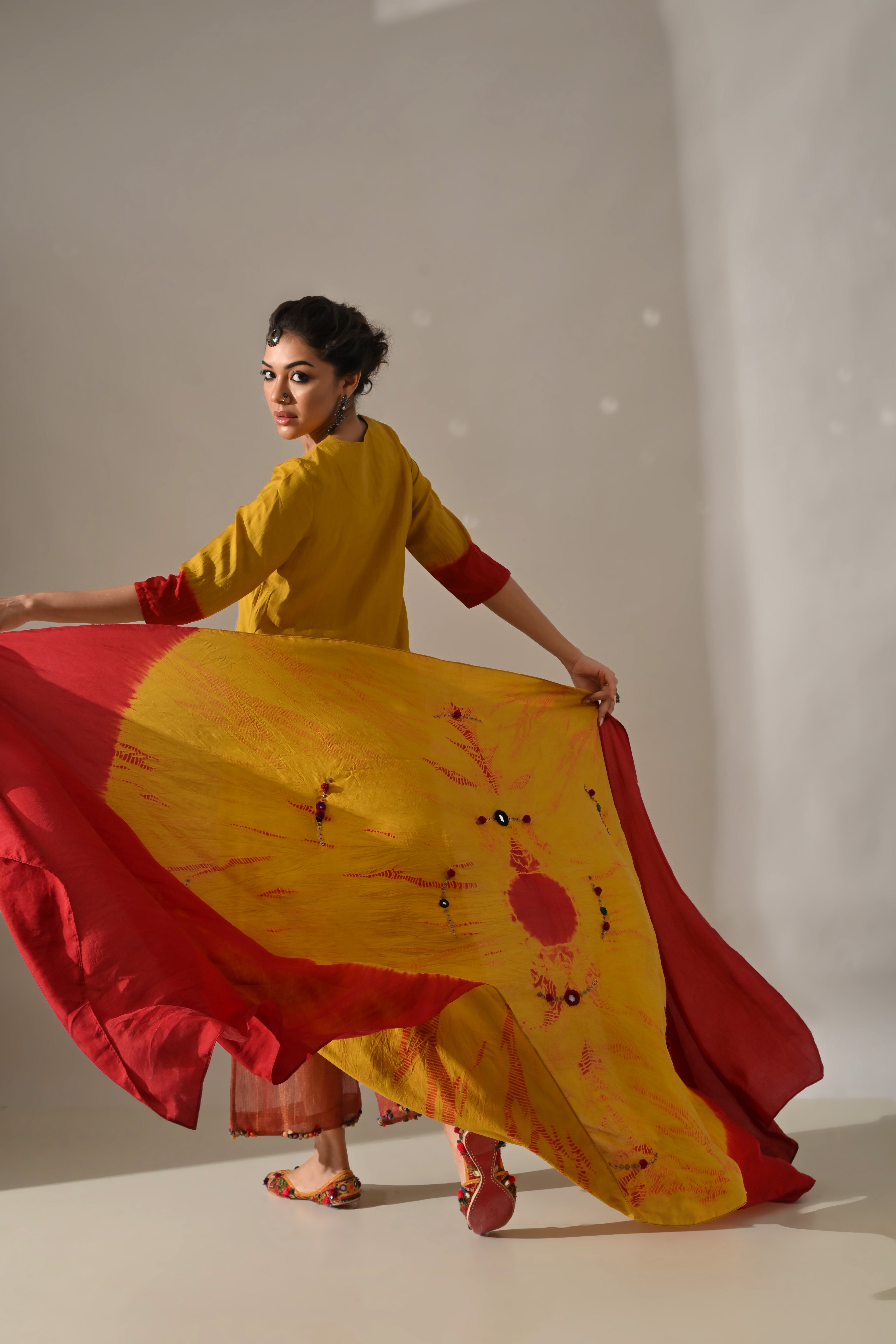 Yellow Orange Placement Tie Dye Kurta Set