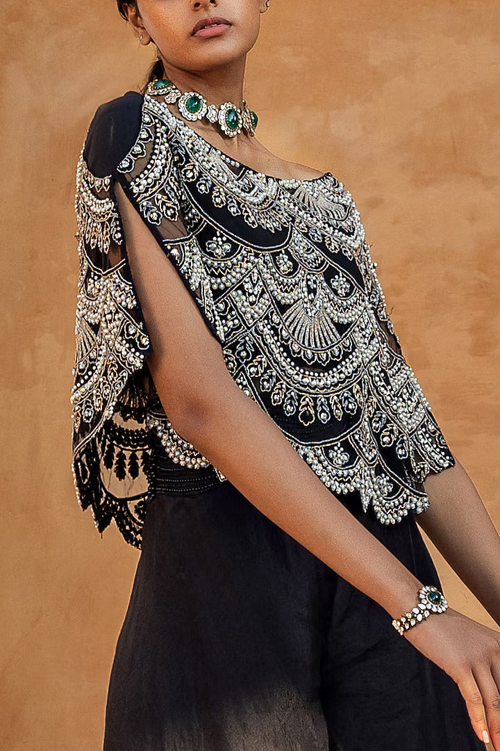 Black Embellished Cape Set