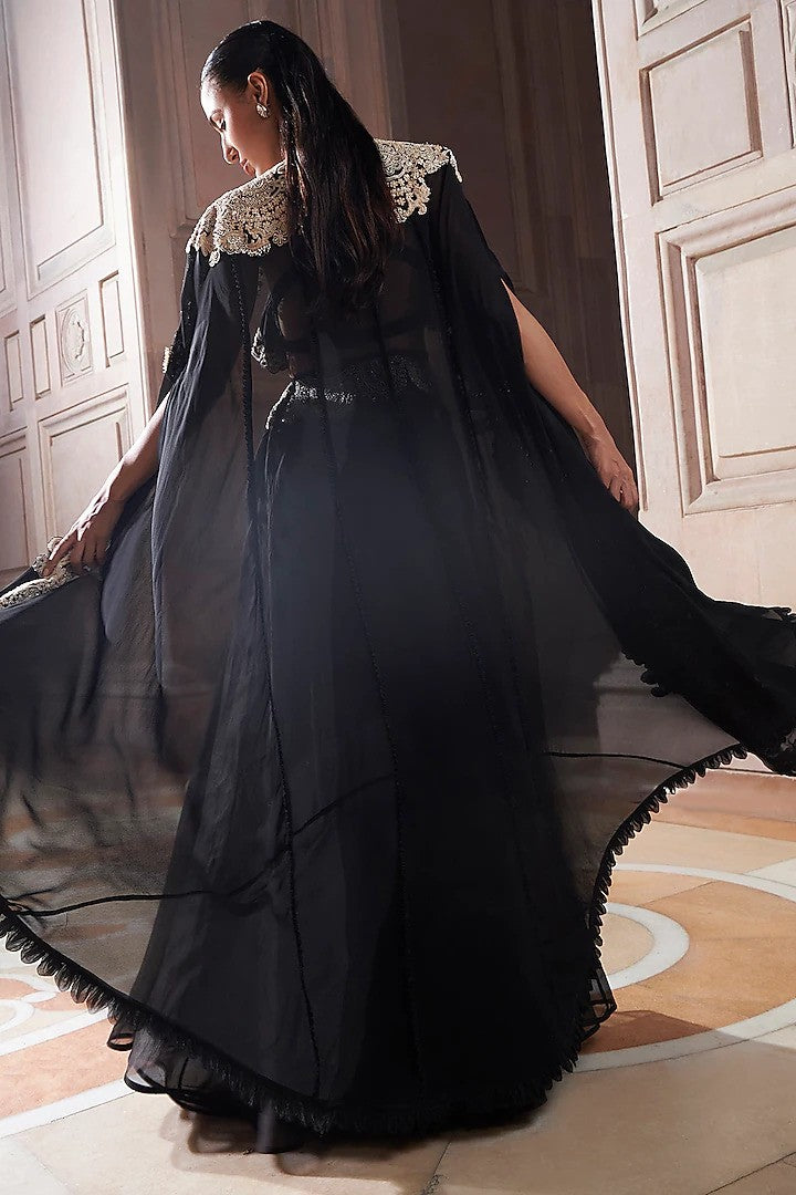 Black Pure Georgette Cape Set Ameera