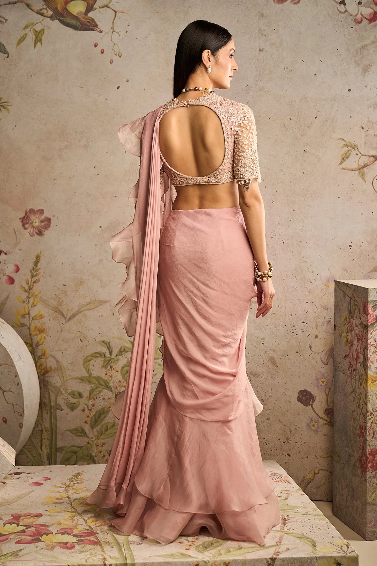 Dusky Pink Chiffon Organza Draped Saree Set