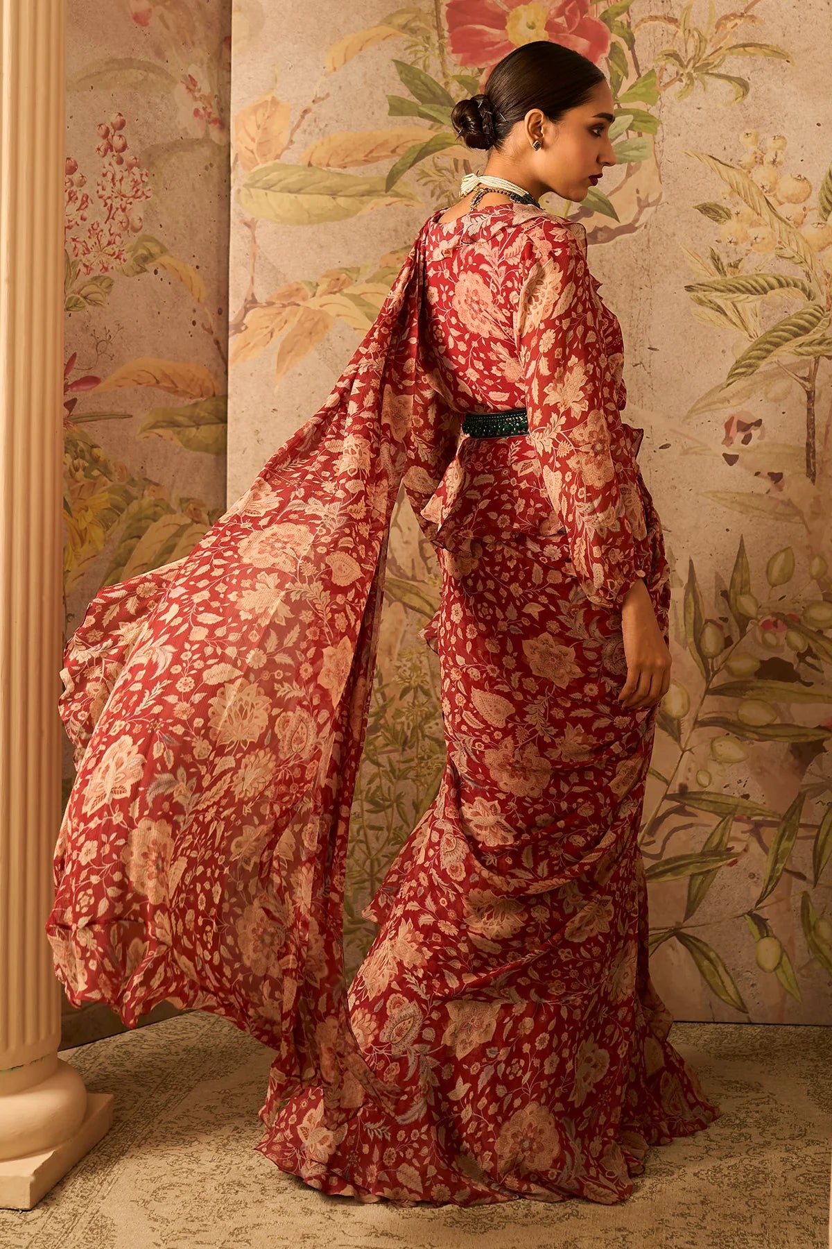 Red Printed Chiffon Overlap Jacket Paired With Chiffon Draped Saree