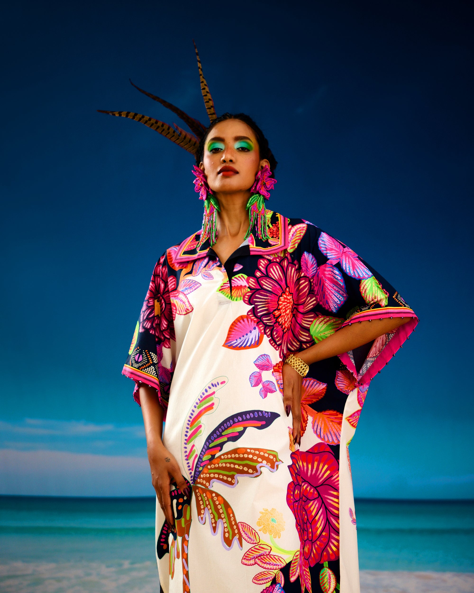 Printed Shirt collar block kaftan