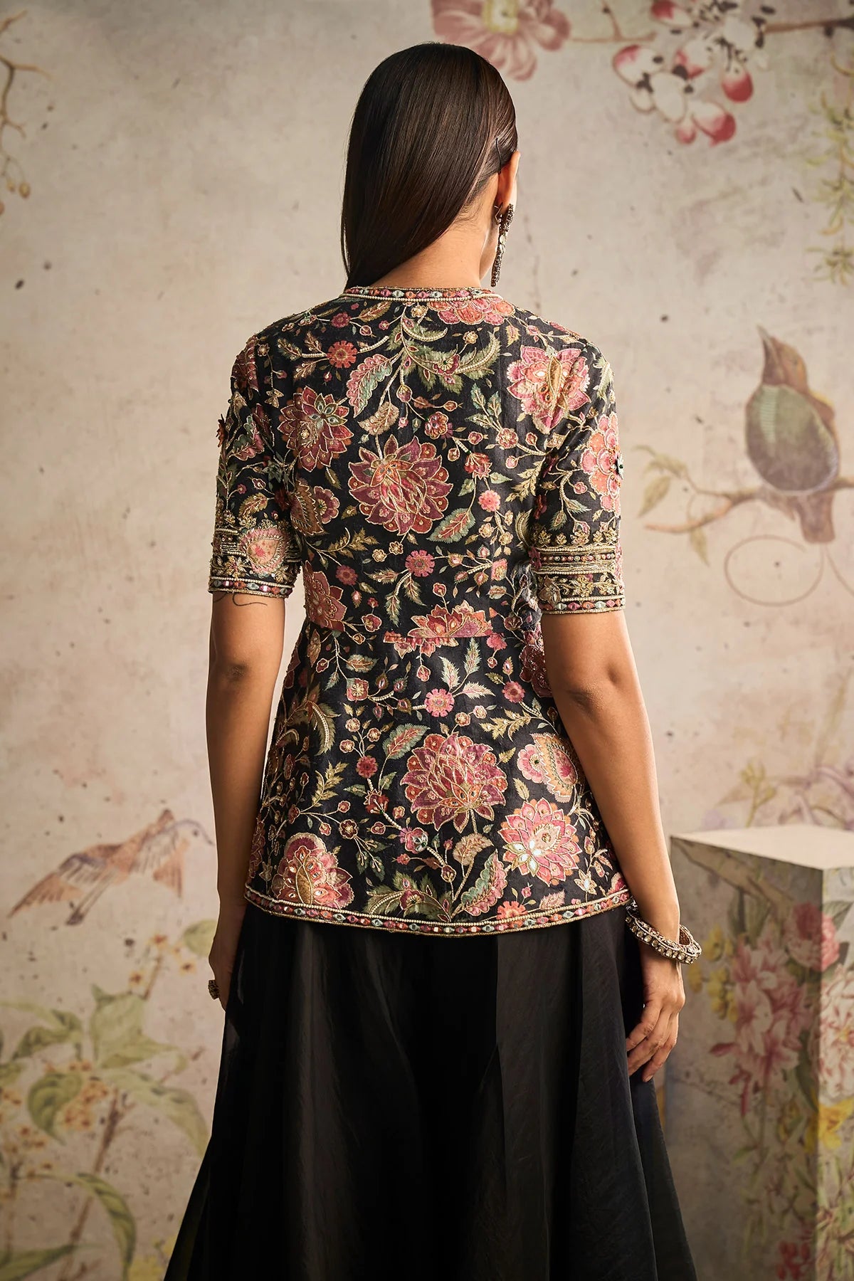 Black Printed Raw Silk Embroidered Peplum With Sharara