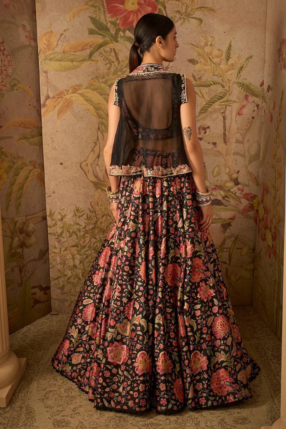 Black Printed Raw Silk Lehenga