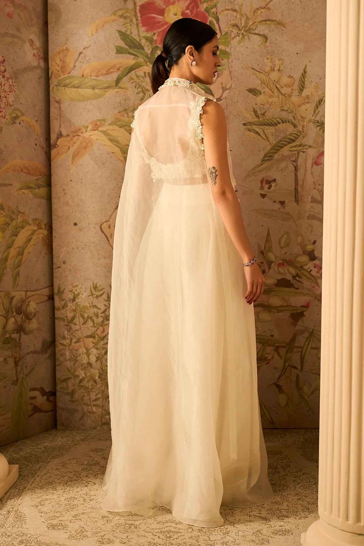 Ivory Pearl Embroidered Blouse Paired With Organza Sharara with Jacket