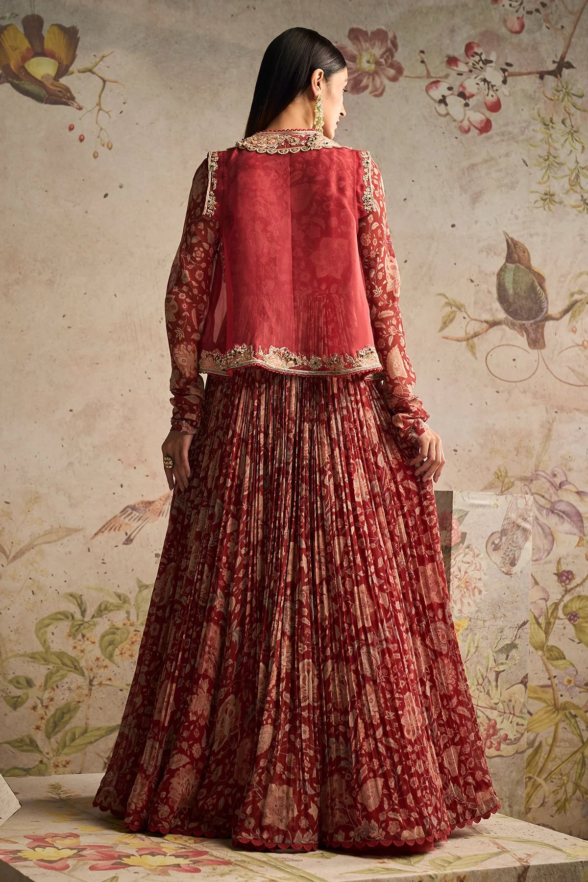 Red Printed Chiffon Long Anarkali Paired With Embroidered Sleeveless Organza Jacket