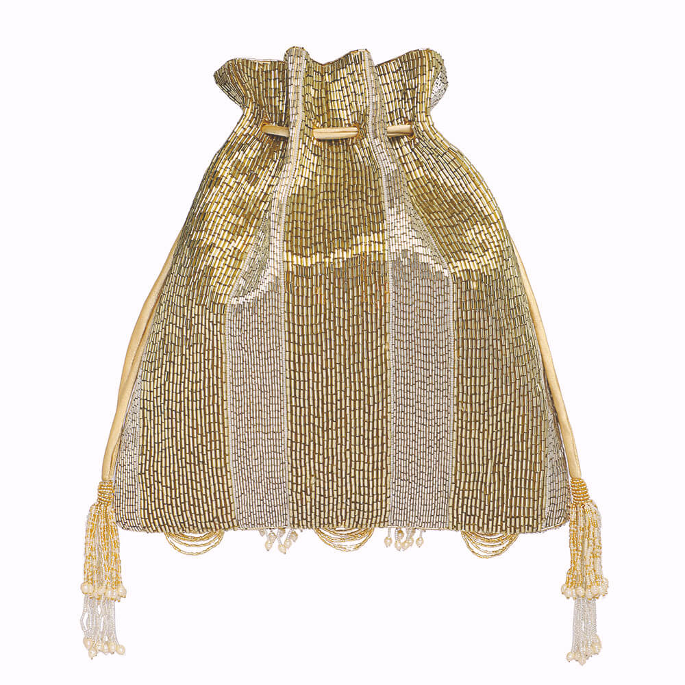 Ruche Potli Peerless Gold Lustrous Silvern with Handle