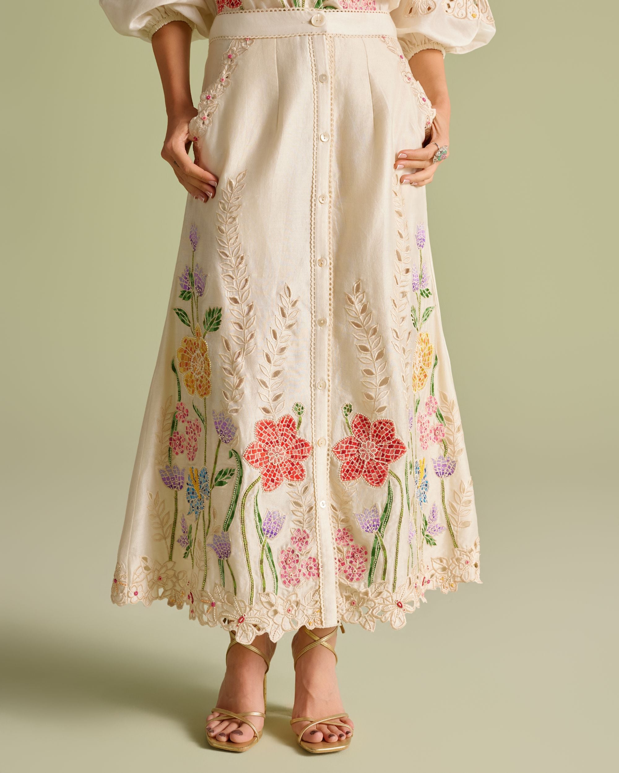 Ivory Floral Mosaic Button Down Skirt