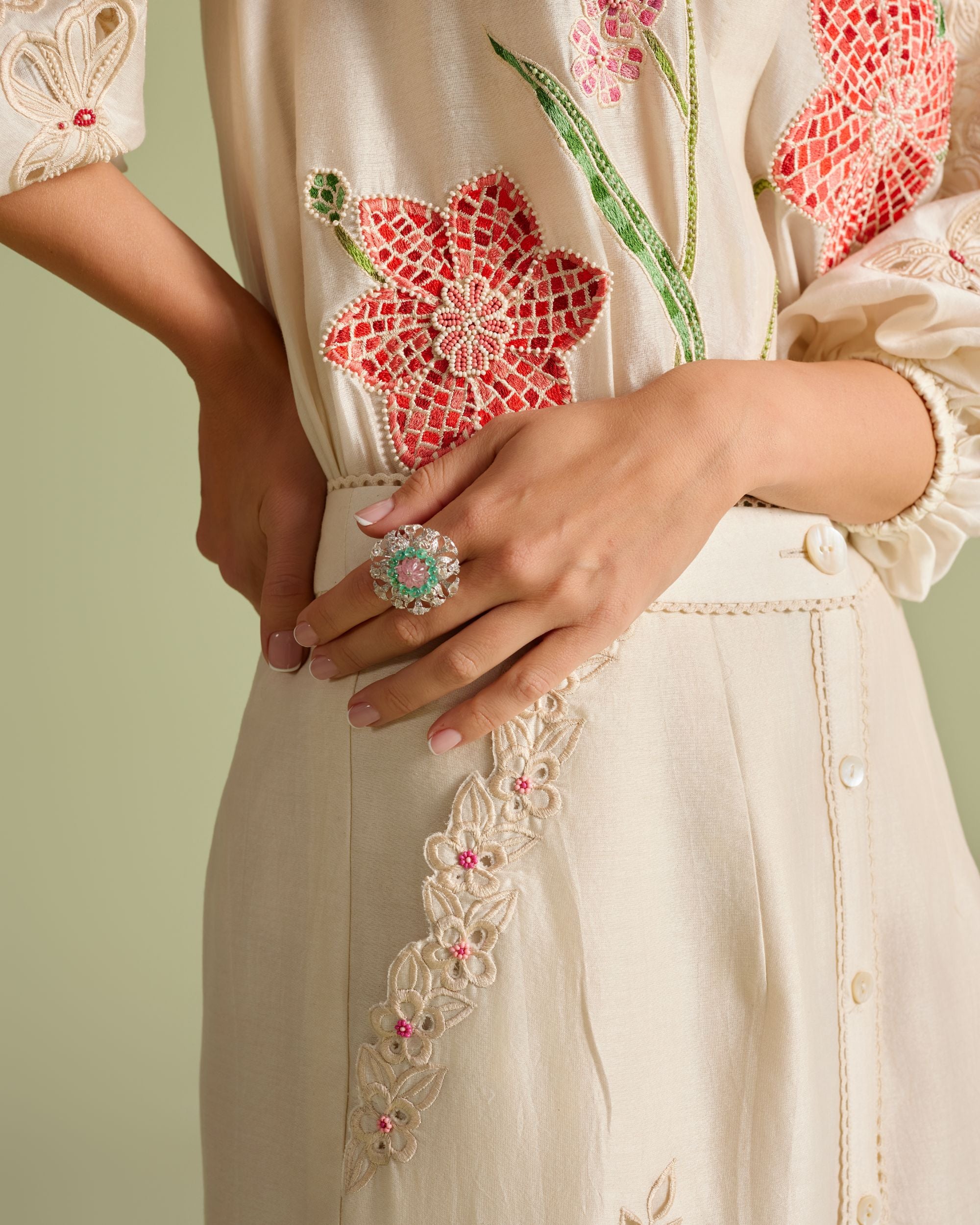 Ivory Floral Mosaic Button Down Skirt